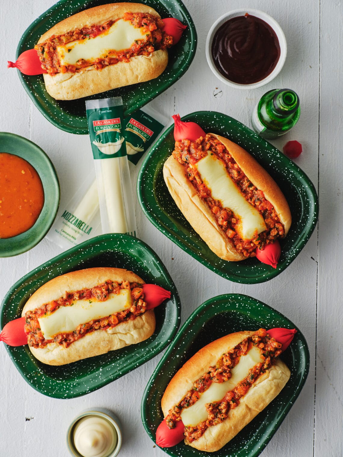 Bolognese Hot Dogs with Mozzarella Sticks