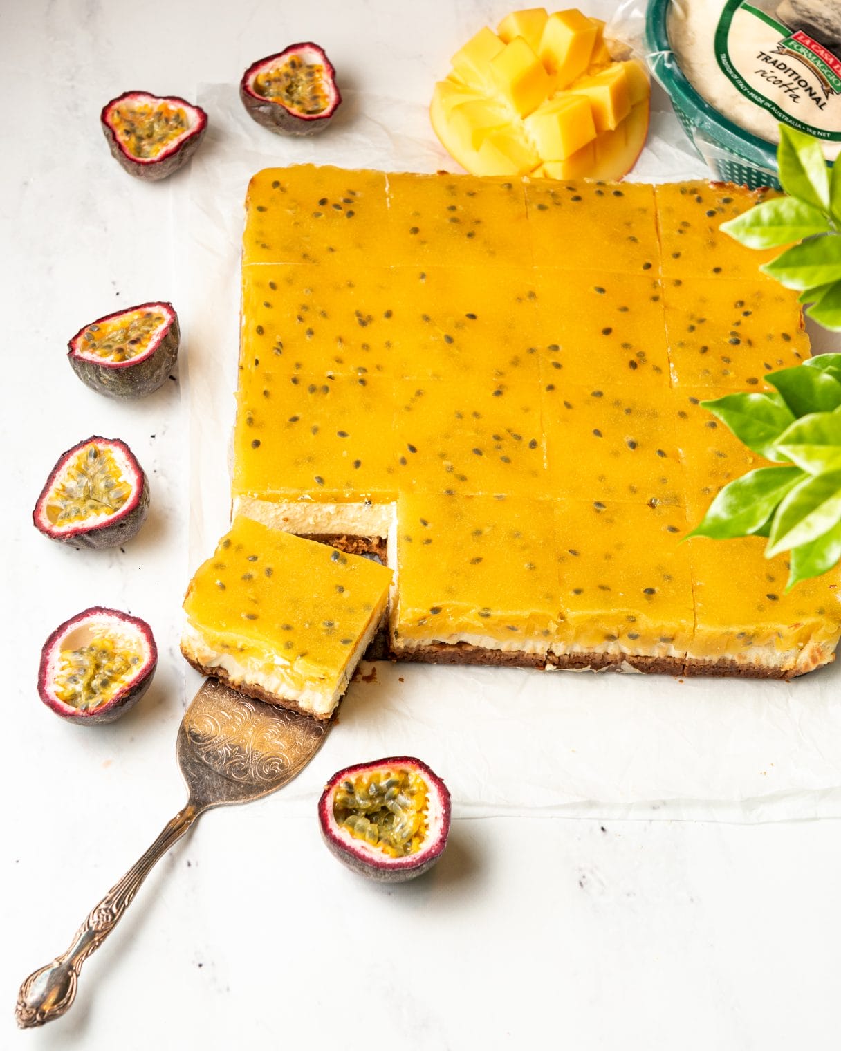 Mango and Passionfruit Ricotta Cheesecake